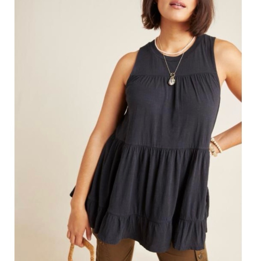 Anthropologie Georgia Tiered Babydoll Tunic in Black sz Small Cotton Sleeveless